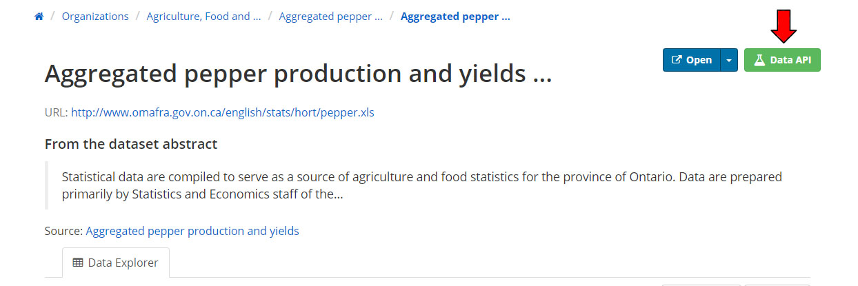 A screenshot of the file description page. The data api button is found in the top right corner of the page.